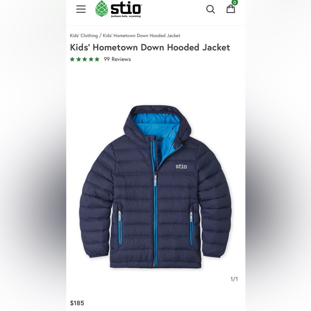 STIO Kids Hometown 650 fill Down Hooded Jacket size 12